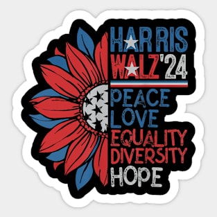 Harris Walz 2024 Peace Love Equality Hope Diversity Sunflower Sticker